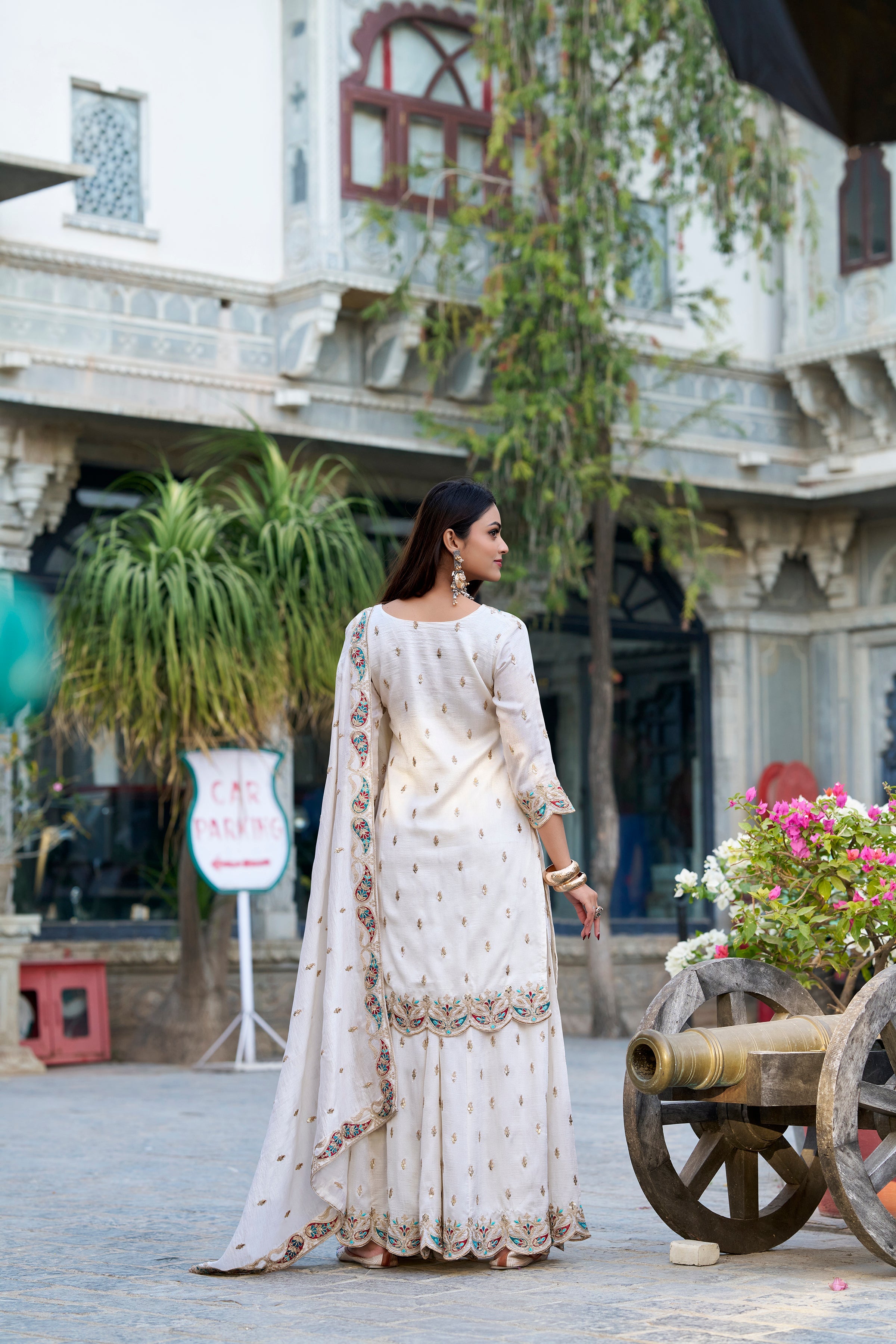 Lorenvalley Vichitra Silk Sequins and Thread Embroidery Work Palazzo Set | Grocsy
