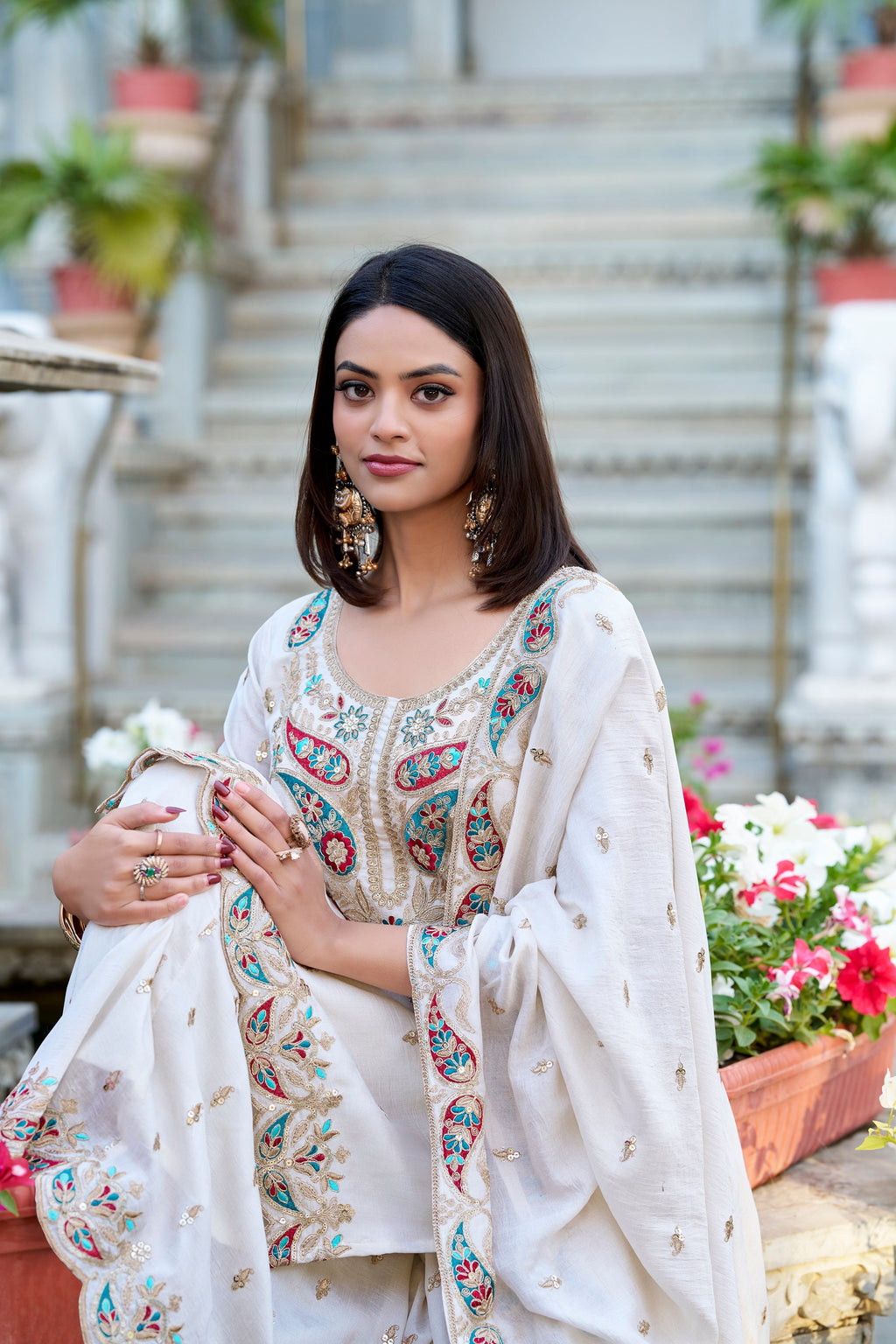Lorenvalley Vichitra Silk Sequins and Thread Embroidery Work Palazzo Set | Grocsy