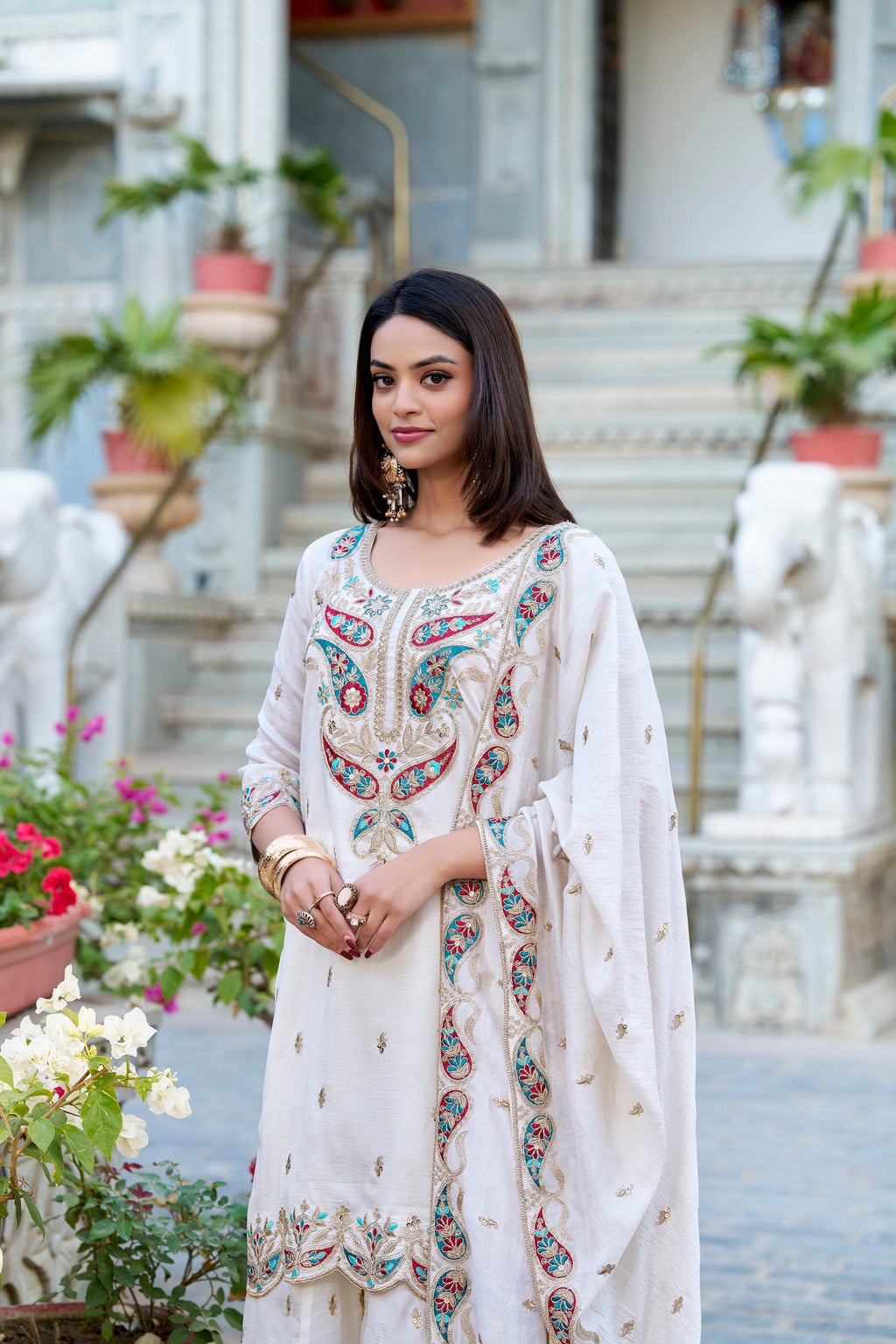 Lorenvalley Vichitra Silk Sequins and Thread Embroidery Work Palazzo Set | Grocsy