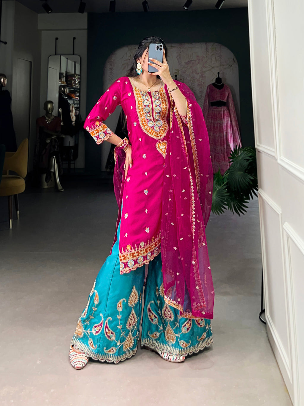 Lorenvalley Pink Lightweight Moonga Silk Sequins and Thread Embroidery Work Palazzo Set | Grocsy