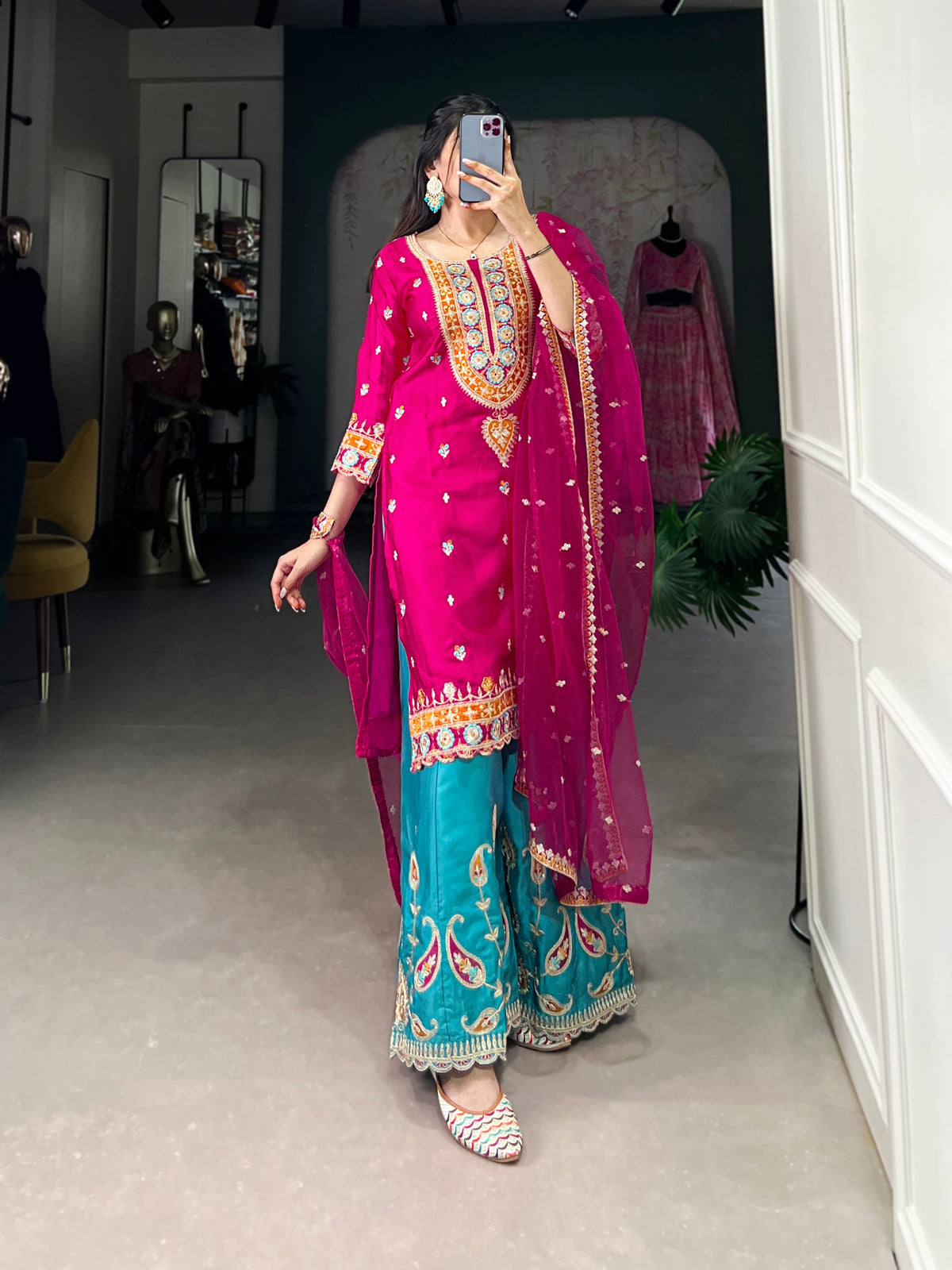 Lorenvalley Pink Lightweight Moonga Silk Sequins and Thread Embroidery Work Palazzo Set | Grocsy