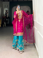Lorenvalley Pink Lightweight Moonga Silk Sequins and Thread Embroidery Work Palazzo Set | Grocsy