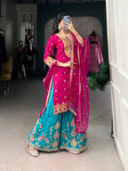 Lorenvalley Pink Lightweight Moonga Silk Sequins and Thread Embroidery Work Palazzo Set | Grocsy