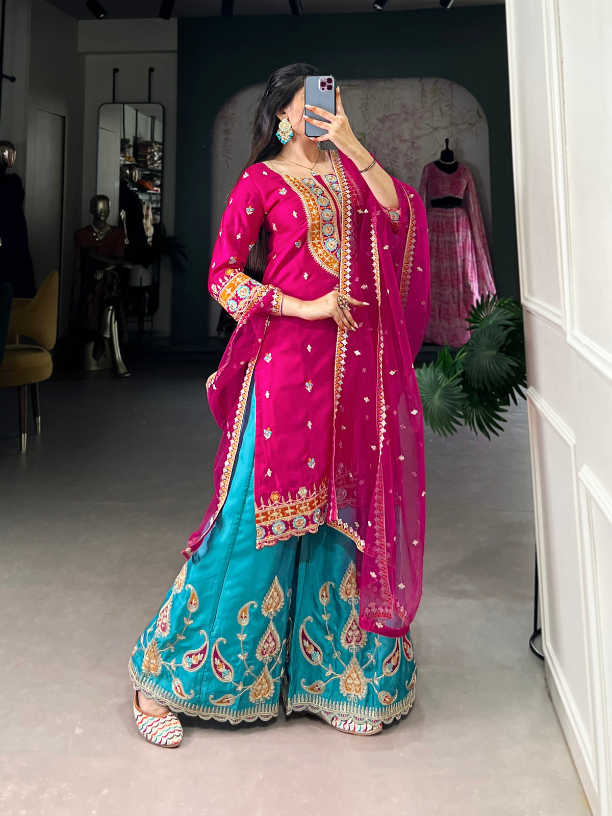 Lorenvalley Pink Lightweight Moonga Silk Sequins and Thread Embroidery Work Palazzo Set | Grocsy