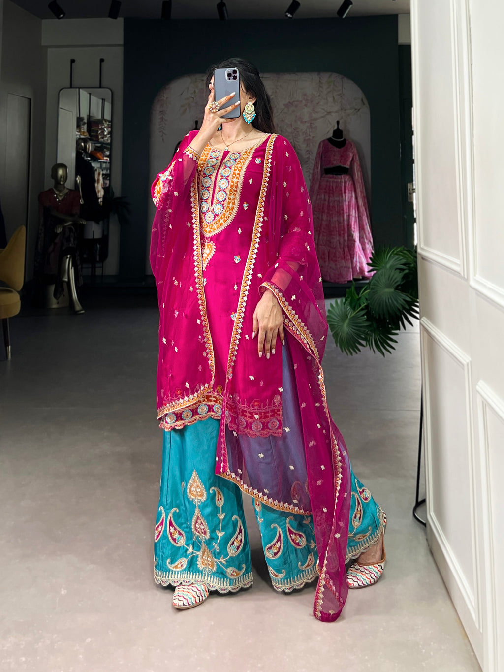 Lorenvalley Pink Lightweight Moonga Silk Sequins and Thread Embroidery Work Palazzo Set | Grocsy