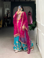 Lorenvalley Pink Lightweight Moonga Silk Sequins and Thread Embroidery Work Palazzo Set | Grocsy