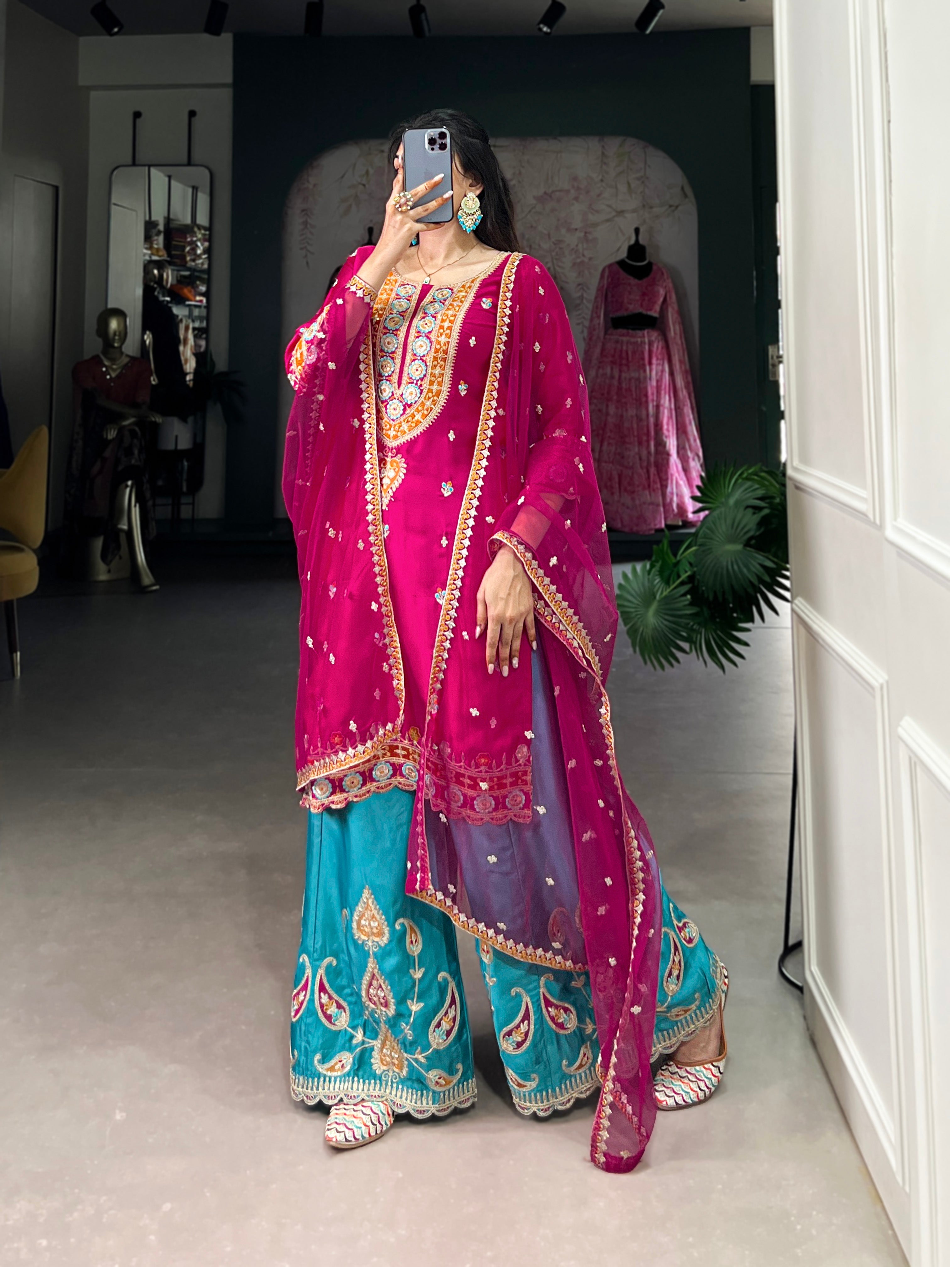 Lorenvalley Pink Lightweight Moonga Silk Sequins and Thread Embroidery Work Palazzo Set | Grocsy
