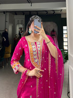Lorenvalley Pink Lightweight Moonga Silk Sequins and Thread Embroidery Work Palazzo Set | Grocsy