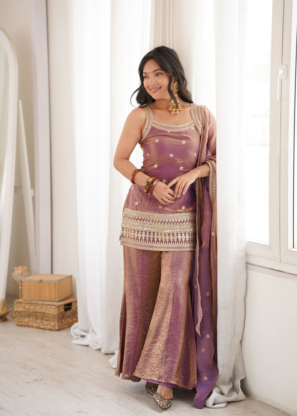 Lorenvalley Fashion Dustypink Fendy Silk Fabric With Embroidery Sequence Dori And Jari Work Bell Bottom Pant With Dupatta | Grocsy