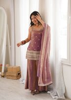 Evanik Dusty Pink Fendi Silk Embroidery Sequins and Zari Work Kurta Pants with Dupatta | Grocsy