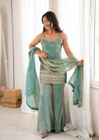 Evanik Seagreen Fendi Silk Embroidery Sequins and Zari Work Kurta Pants with Dupatta | Grocsy