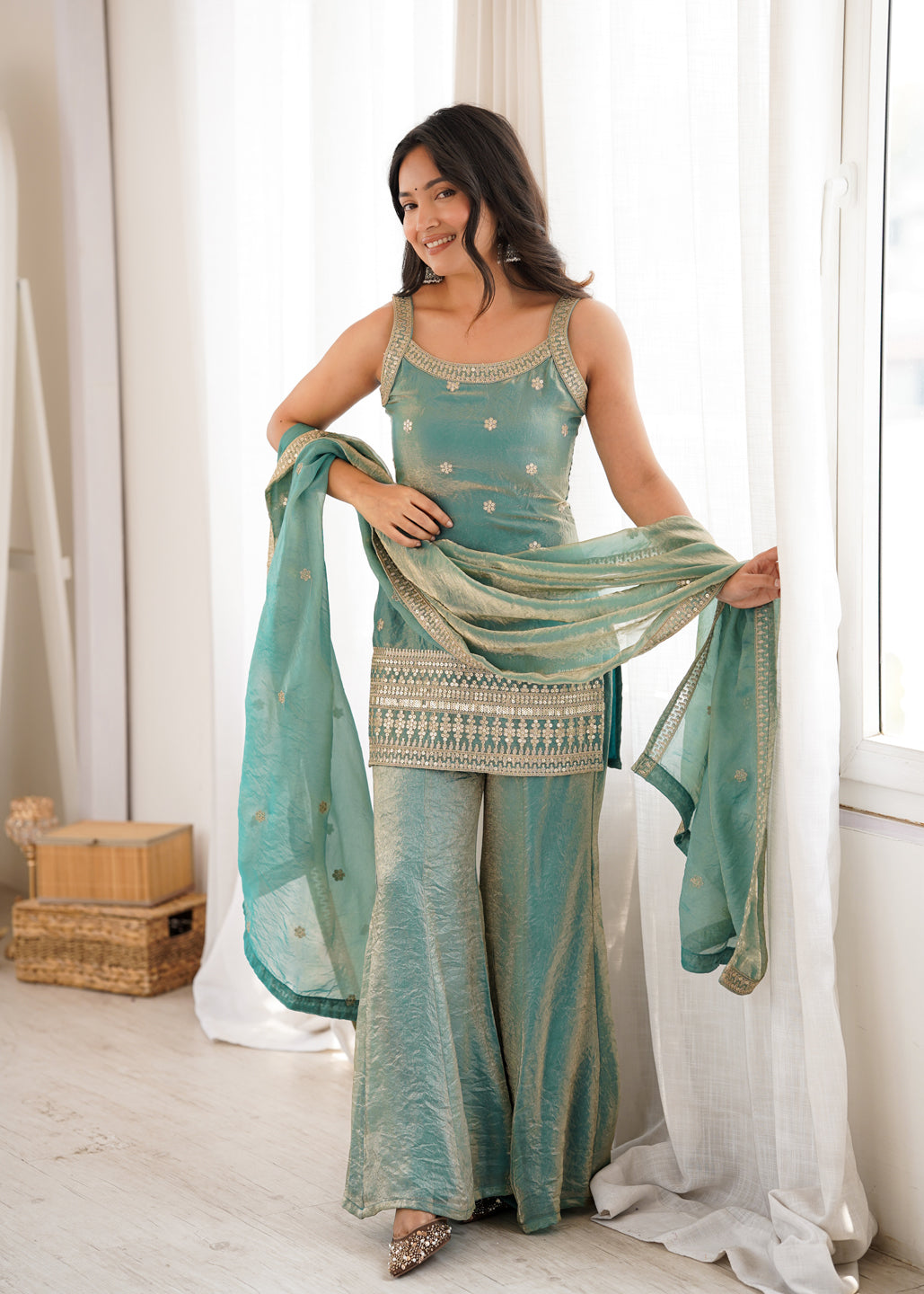 Evanik Seagreen Fendi Silk Embroidery Sequins and Zari Work Kurta Pants with Dupatta | Grocsy