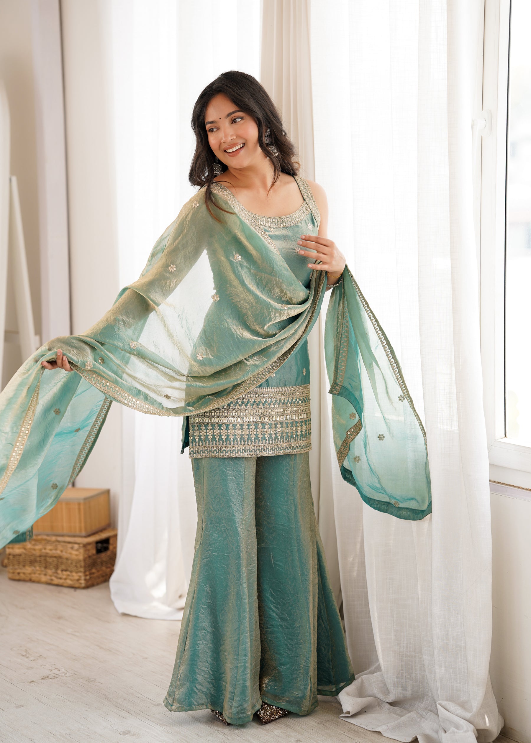 Lorenvalley Fashion Seagreen Fendy Silk Fabric With Embroidery Sequence Dori And Jari Work Bell Bottom Pant With Dupatta | Grocsy