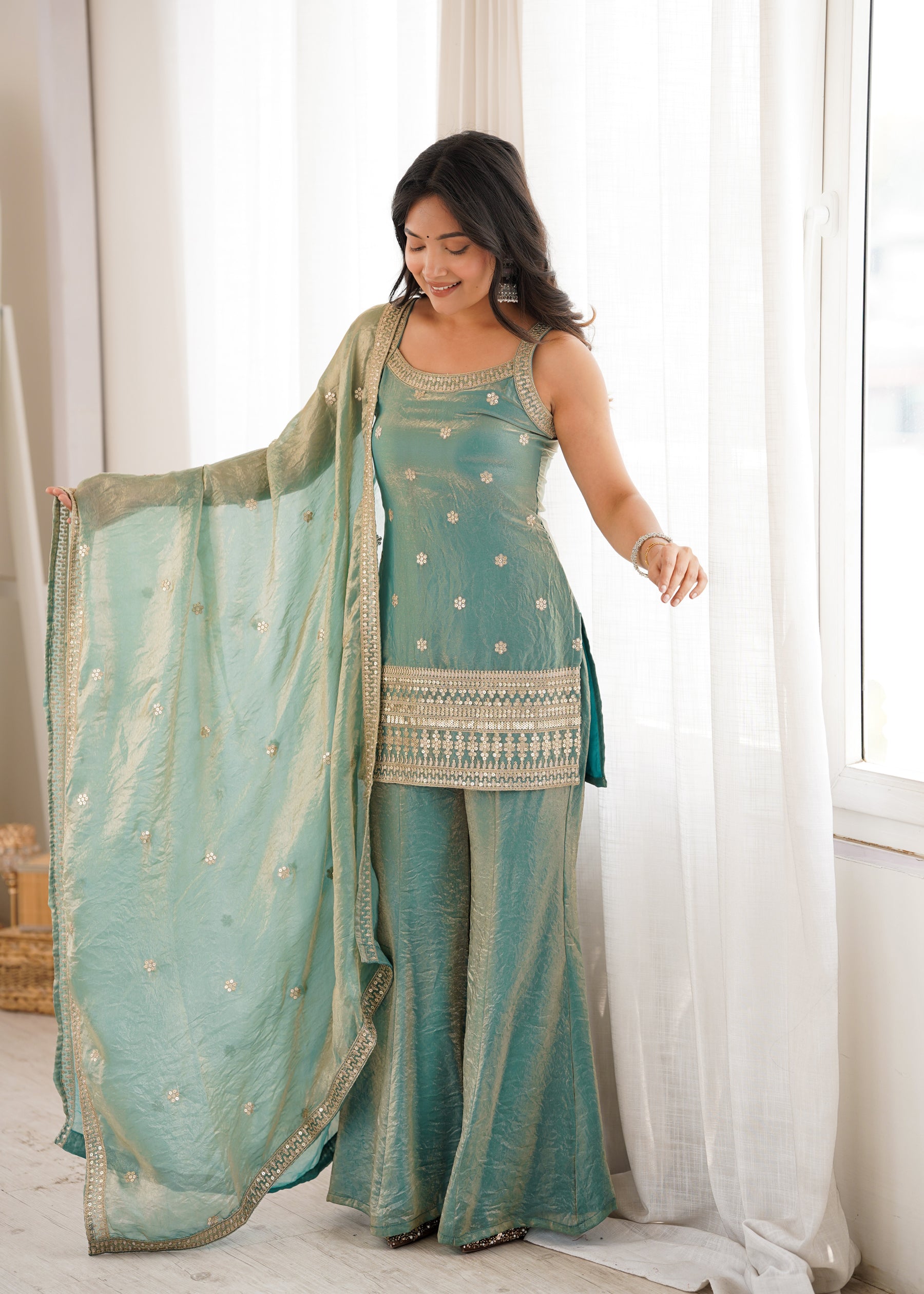 Lorenvalley Fashion Seagreen Fendy Silk Fabric With Embroidery Sequence Dori And Jari Work Bell Bottom Pant With Dupatta | Grocsy