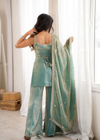Evanik Seagreen Fendi Silk Embroidery Sequins and Zari Work Kurta Pants with Dupatta | Grocsy