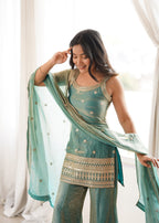 Lorenvalley Fashion Seagreen Fendy Silk Fabric With Embroidery Sequence Dori And Jari Work Bell Bottom Pant With Dupatta | Grocsy
