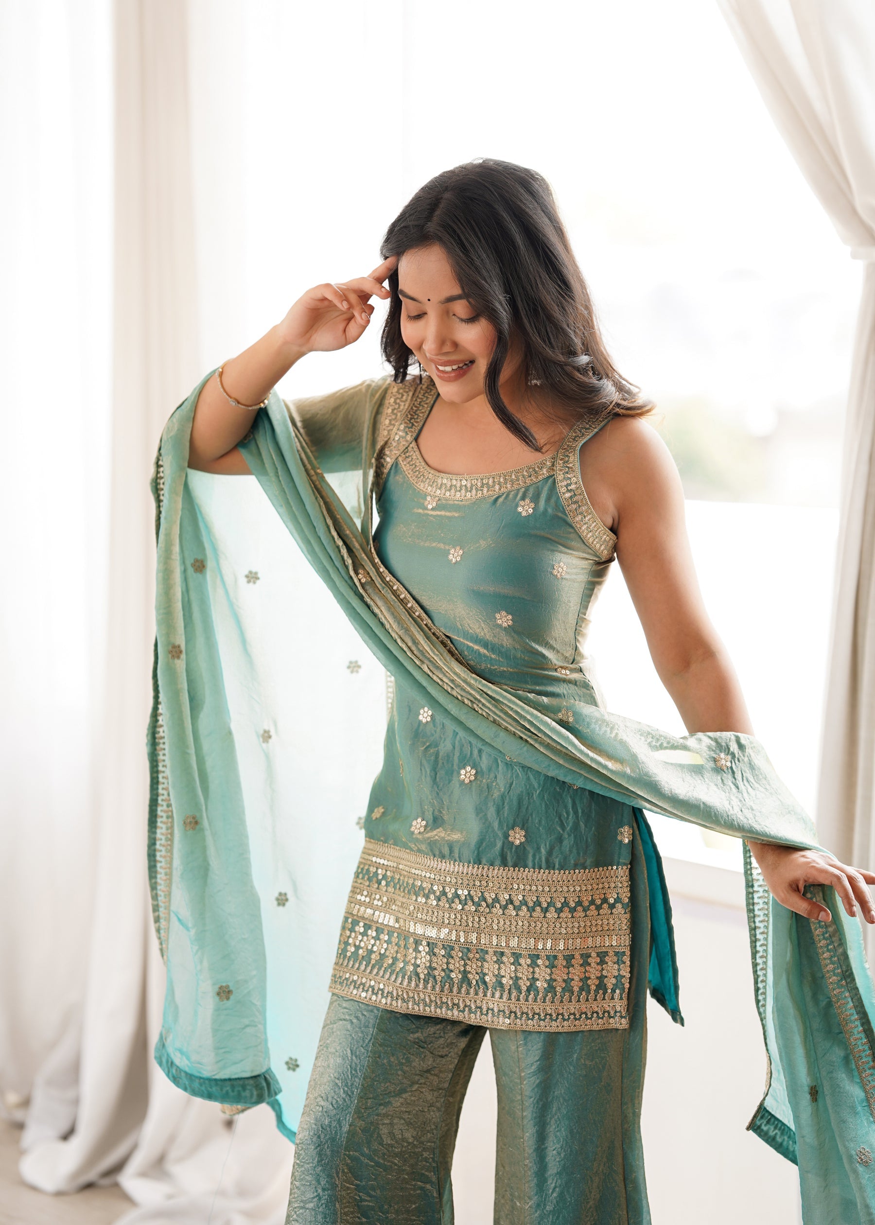 Lorenvalley Fashion Seagreen Fendy Silk Fabric With Embroidery Sequence Dori And Jari Work Bell Bottom Pant With Dupatta | Grocsy