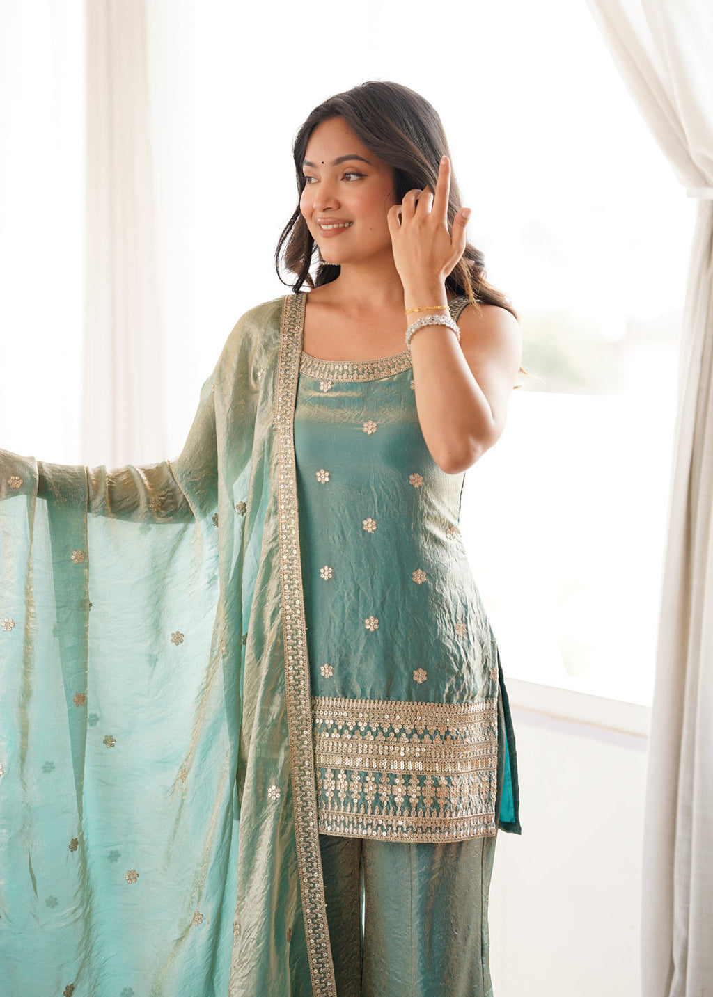 Evanik Seagreen Fendi Silk Embroidery Sequins and Zari Work Kurta Pants with Dupatta | Grocsy
