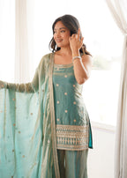 Evanik Seagreen Fendi Silk Embroidery Sequins and Zari Work Kurta Pants with Dupatta | Grocsy