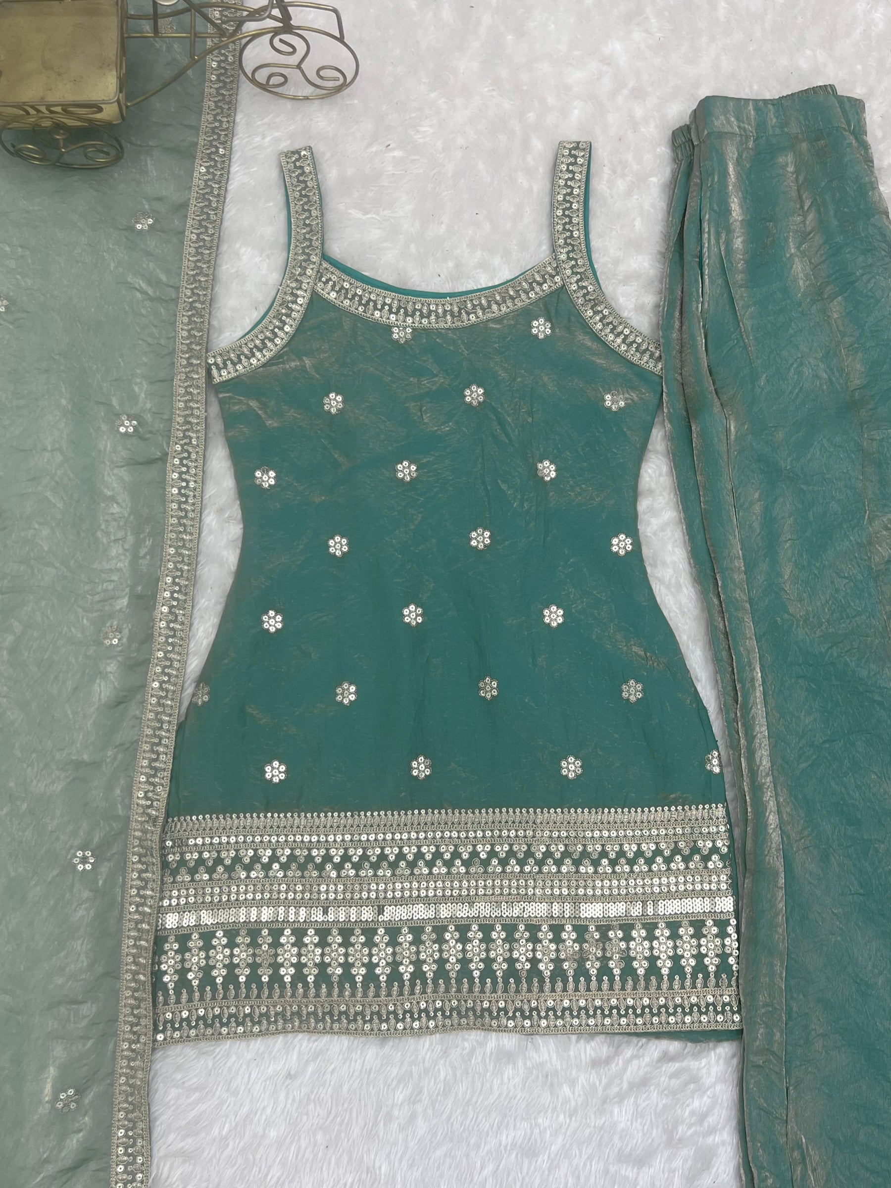 Lorenvalley Fashion Seagreen Fendy Silk Fabric With Embroidery Sequence Dori And Jari Work Bell Bottom Pant With Dupatta | Grocsy