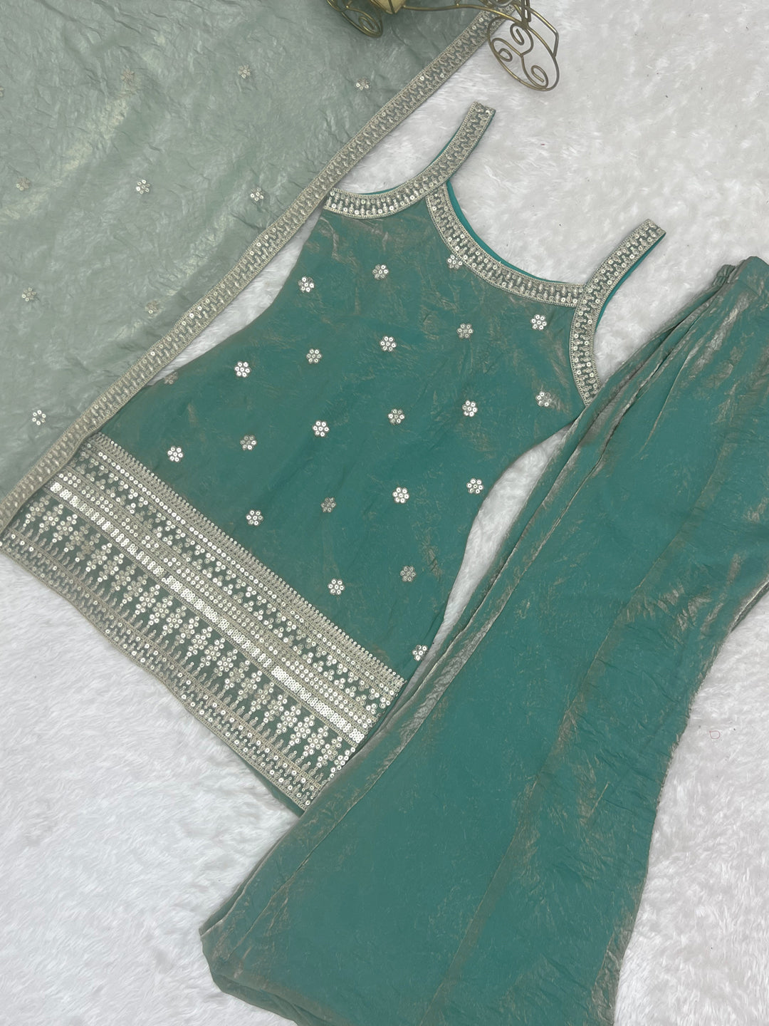 Evanik Seagreen Fendi Silk Embroidery Sequins and Zari Work Kurta Pants with Dupatta | Grocsy