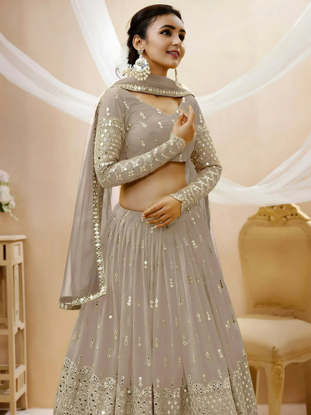 Tulsi Art Magnetic Grey Zari Work Georgette Reception Wear Lehenga Choli | Grocsy
