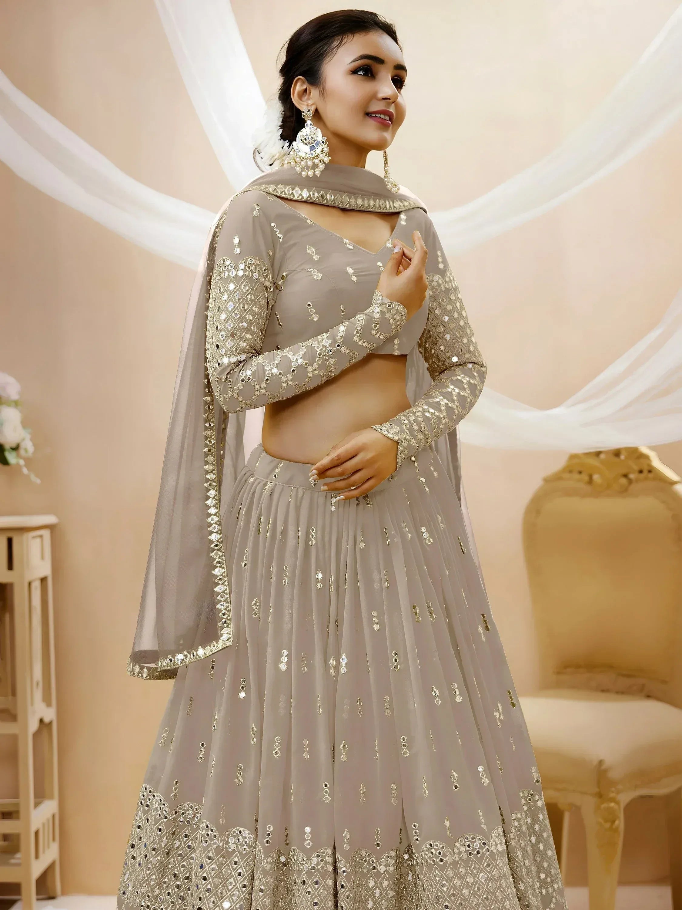 Tulsi Art Magnetic Grey Zari Work Georgette Reception Wear Lehenga Choli | Grocsy