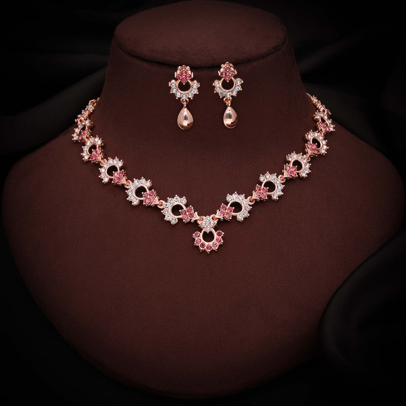 Tehzeeb Creations Gold-Polished Pink Diamond Necklace With Earrings - Swadesiicart