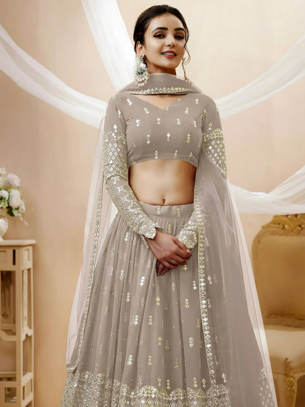 Tulsi Art Magnetic Grey Zari Work Georgette Reception Wear Lehenga Choli | Grocsy