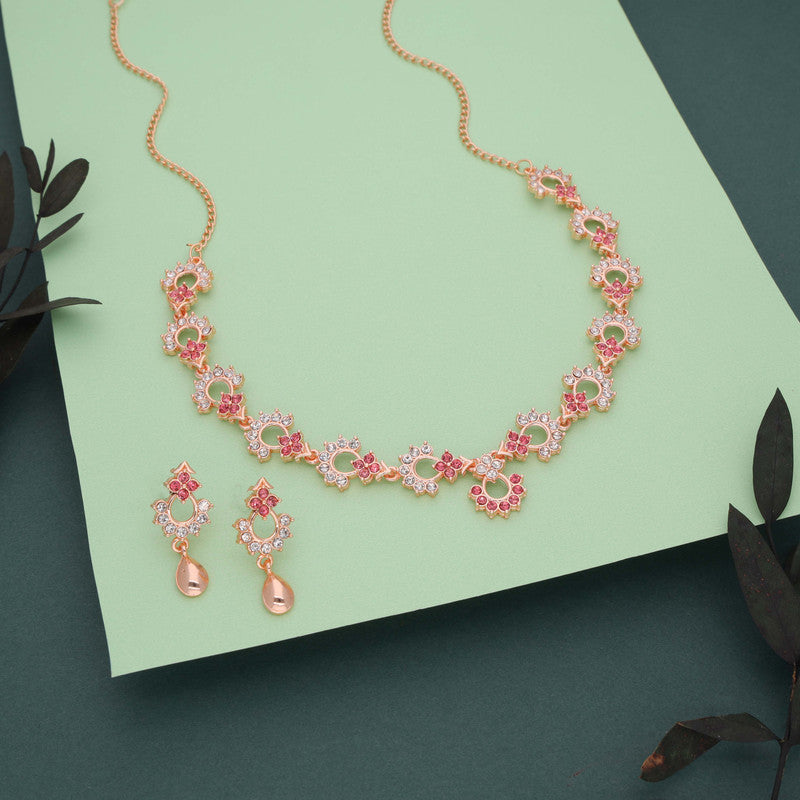 Tehzeeb Creations Gold-Polished Pink Diamond Necklace With Earrings - Swadesiicart