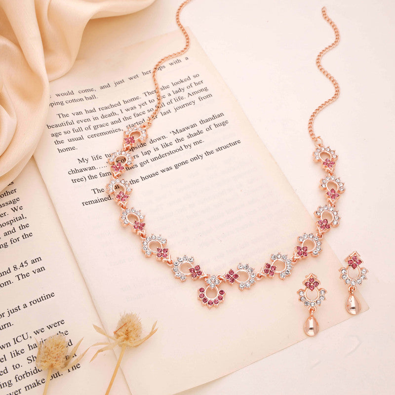 Tehzeeb Creations Gold-Polished Pink Diamond Necklace With Earrings - Swadesiicart