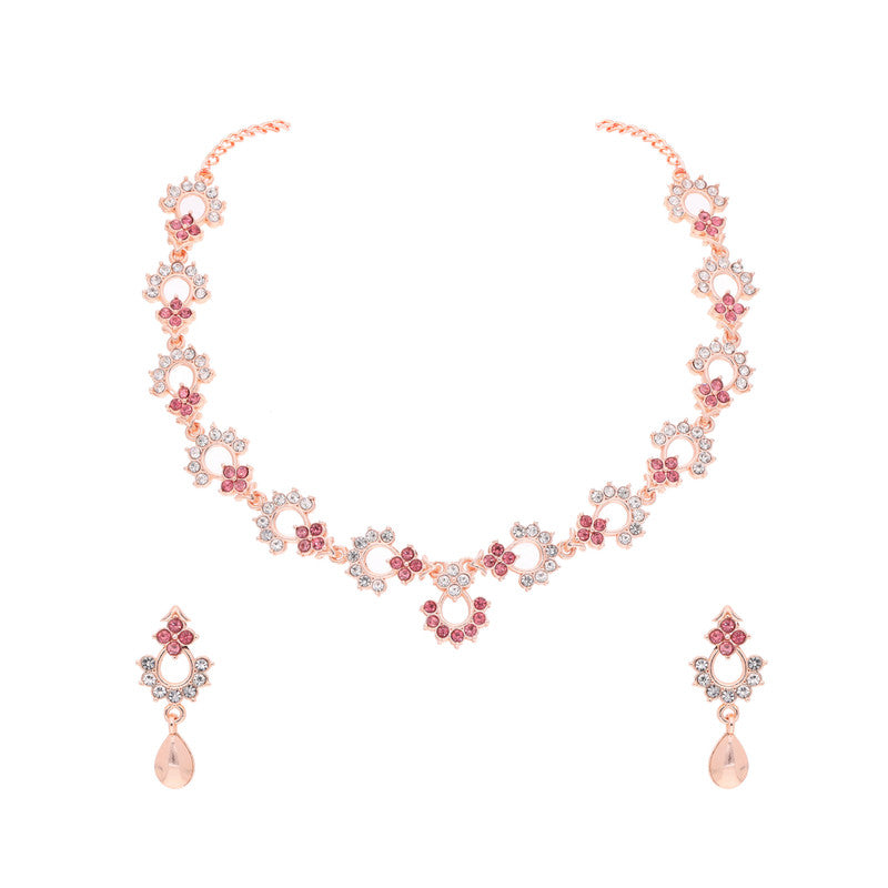 Tehzeeb Creations Gold-Polished Pink Diamond Necklace With Earrings - Swadesiicart