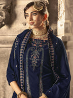 Jyoti Fashion Women's Navy Blue Velvet Floral Resham Thread with Jari work Kurta with Trouser & Dupatta | Grocsy