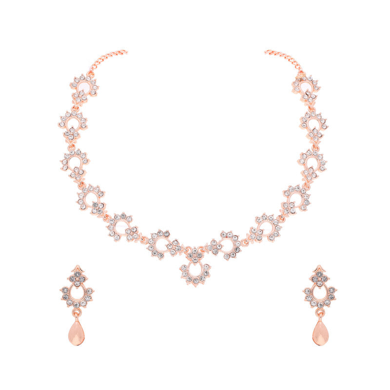 Tehzeeb Creations Gold-Polished White Diamond Necklace With Earrings | Grocsy