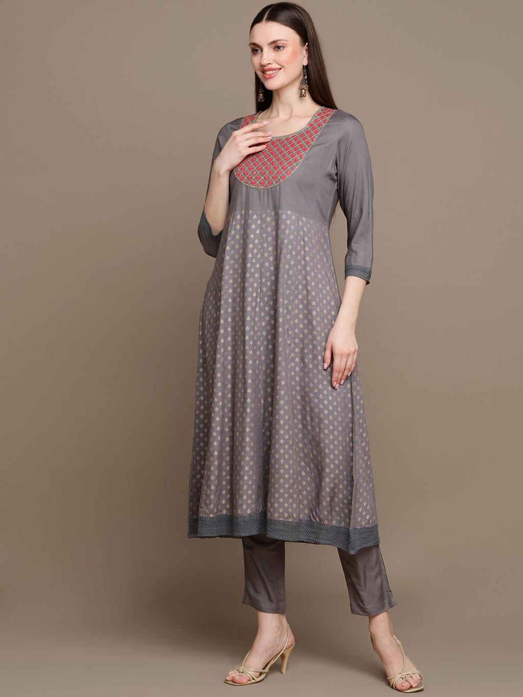 HERE&NOW Ethnic Motifs Embroidered Anarkali Kurta with Trousers & Dupatta | Grocsy