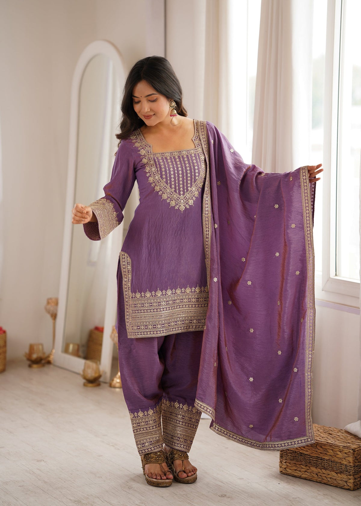 Lorenvalley Fashion Onionpink Vichitra Silk Embroidery Sequence Dori and Jari Work Kutra Farshi Salwar with Dupatta | Grocsy