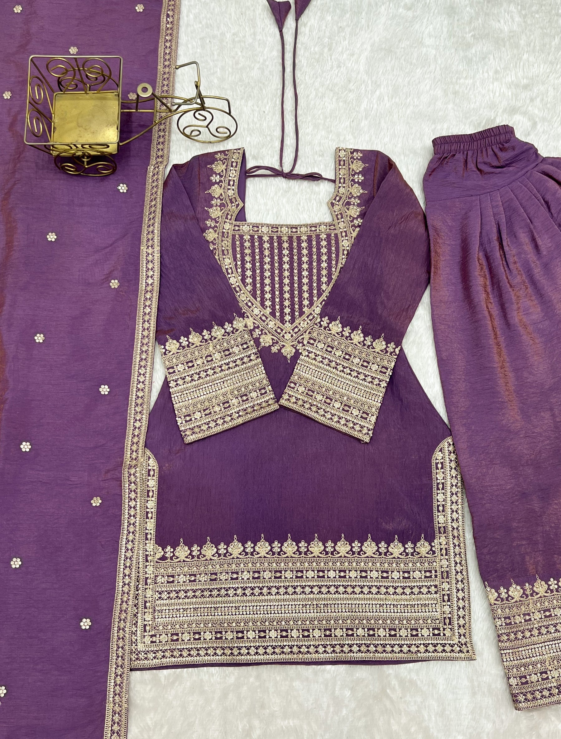 Lorenvalley Fashion Onionpink Vichitra Silk Embroidery Sequence Dori and Jari Work Kutra Farshi Salwar with Dupatta | Grocsy