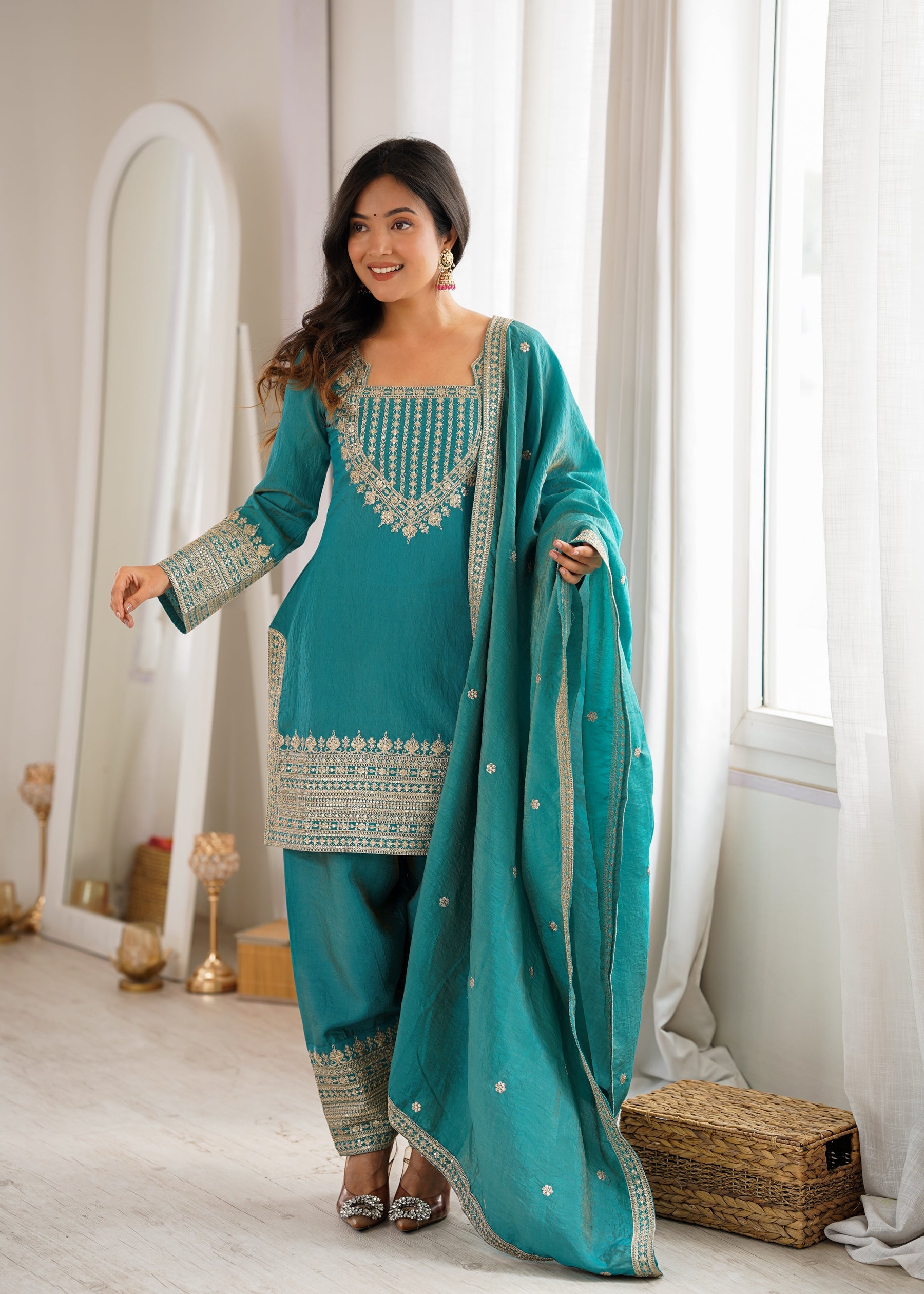 Lorenvalley Fashion Teal Vichitra Silk Embroidery Sequence Dori And Jari Work Kutra Farshi Salwar With Dupatta | Grocsy