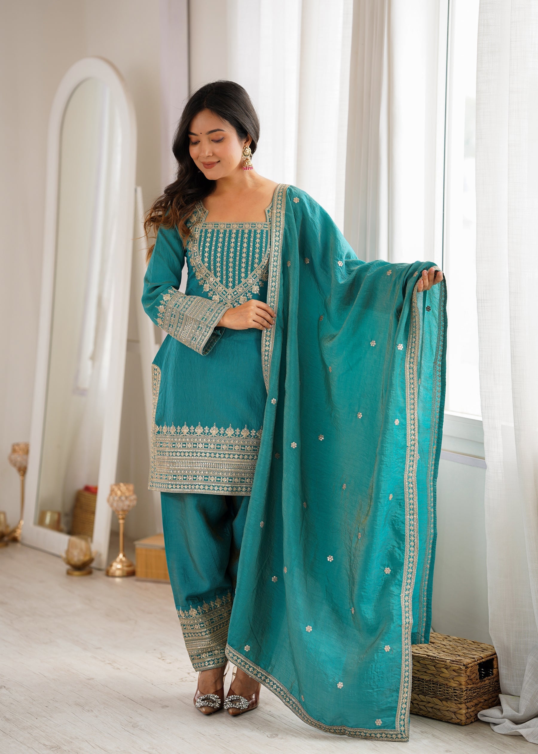 Lorenvalley Fashion Teal Vichitra Silk Embroidery Sequence Dori And Jari Work Kutra Farshi Salwar With Dupatta | Grocsy