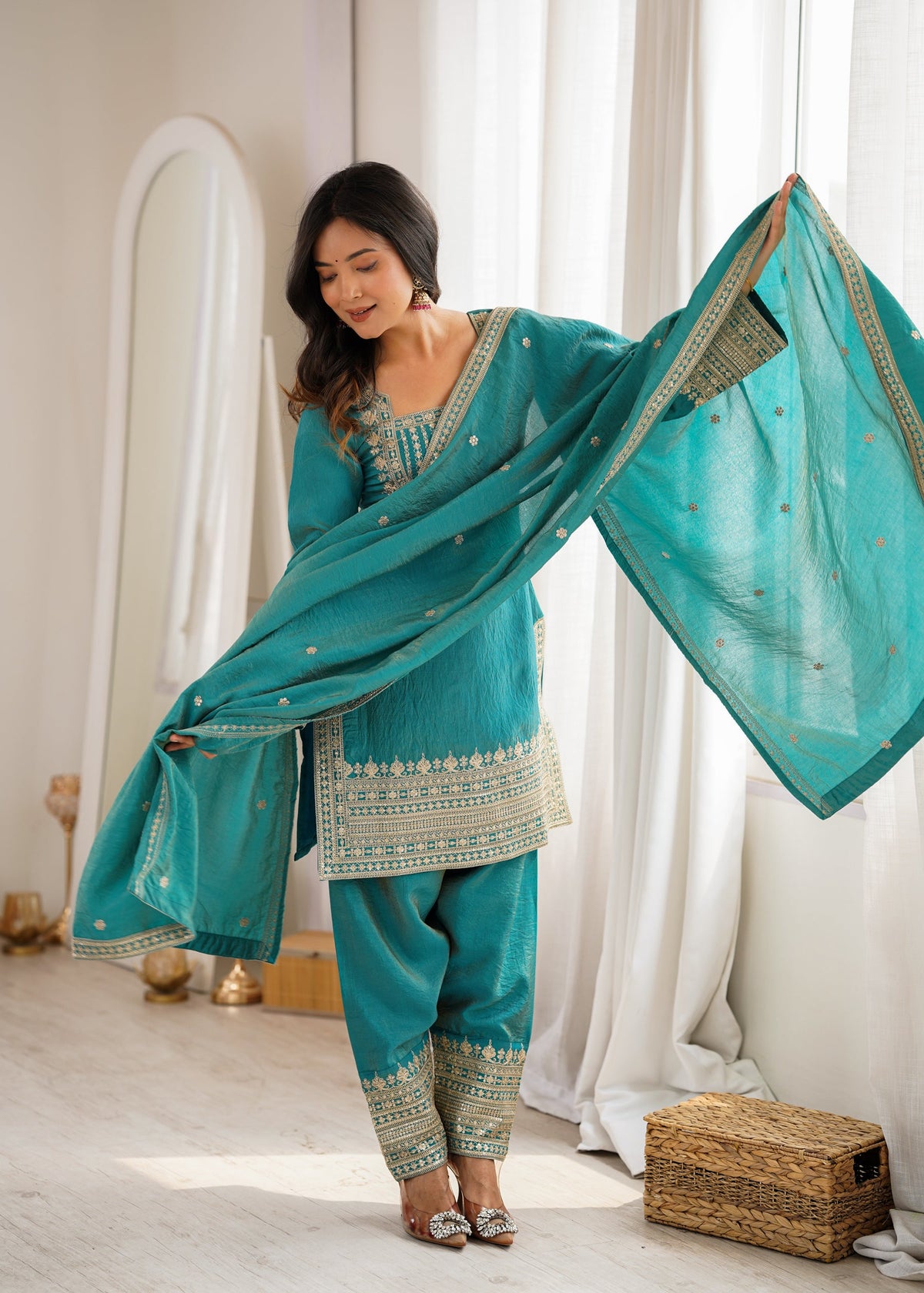 Lorenvalley Fashion Teal Vichitra Silk Embroidery Sequence Dori And Jari Work Kutra Farshi Salwar With Dupatta | Grocsy