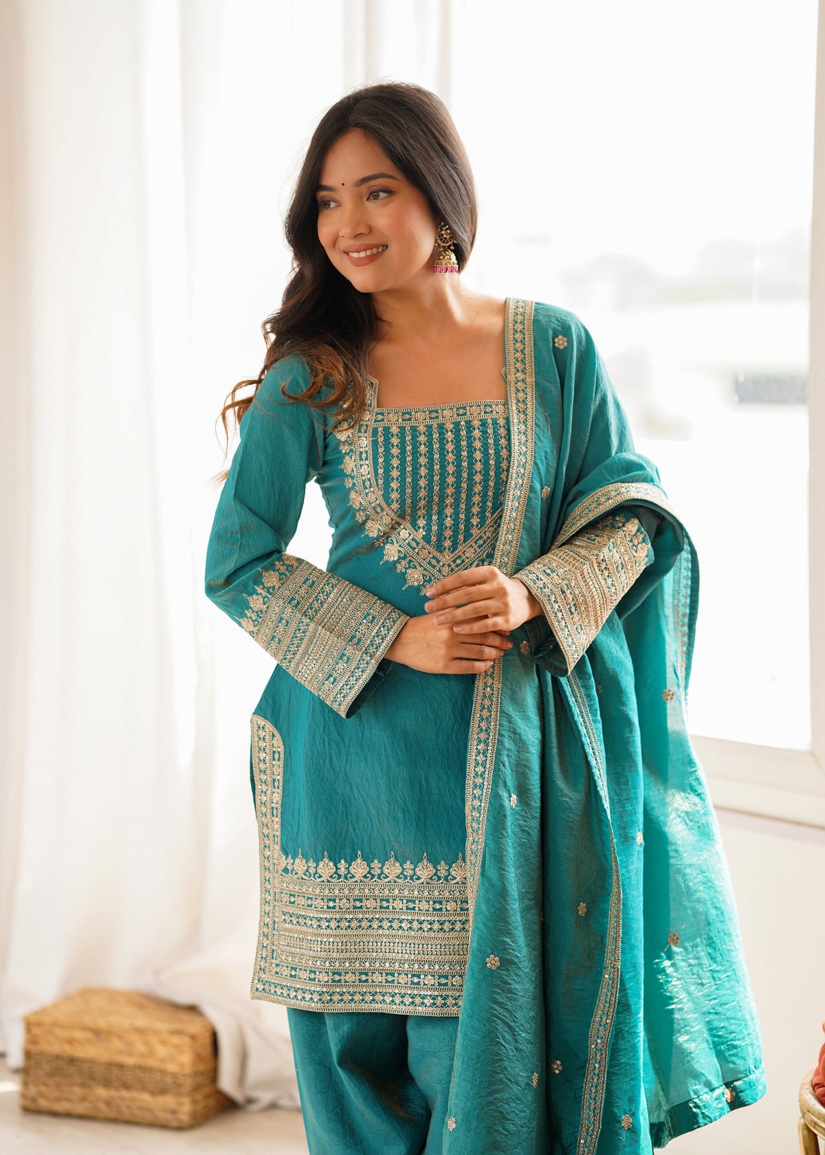 Lorenvalley Fashion Teal Vichitra Silk Embroidery Sequence Dori And Jari Work Kutra Farshi Salwar With Dupatta | Grocsy
