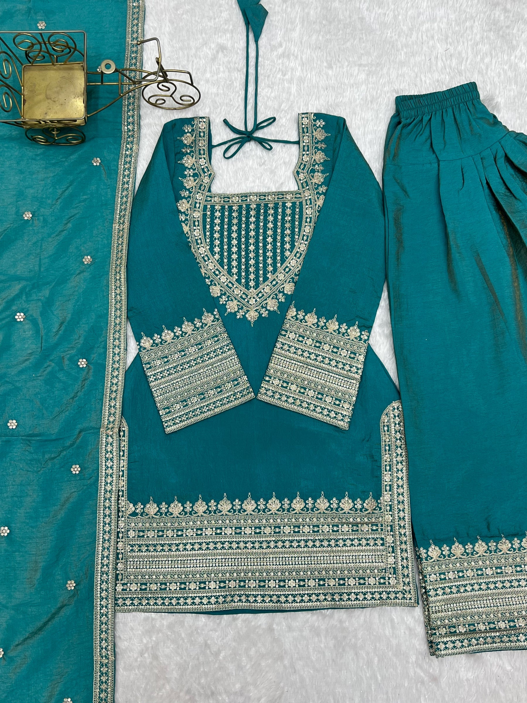 Lorenvalley Fashion Teal Vichitra Silk Embroidery Sequence Dori And Jari Work Kutra Farshi Salwar With Dupatta | Grocsy