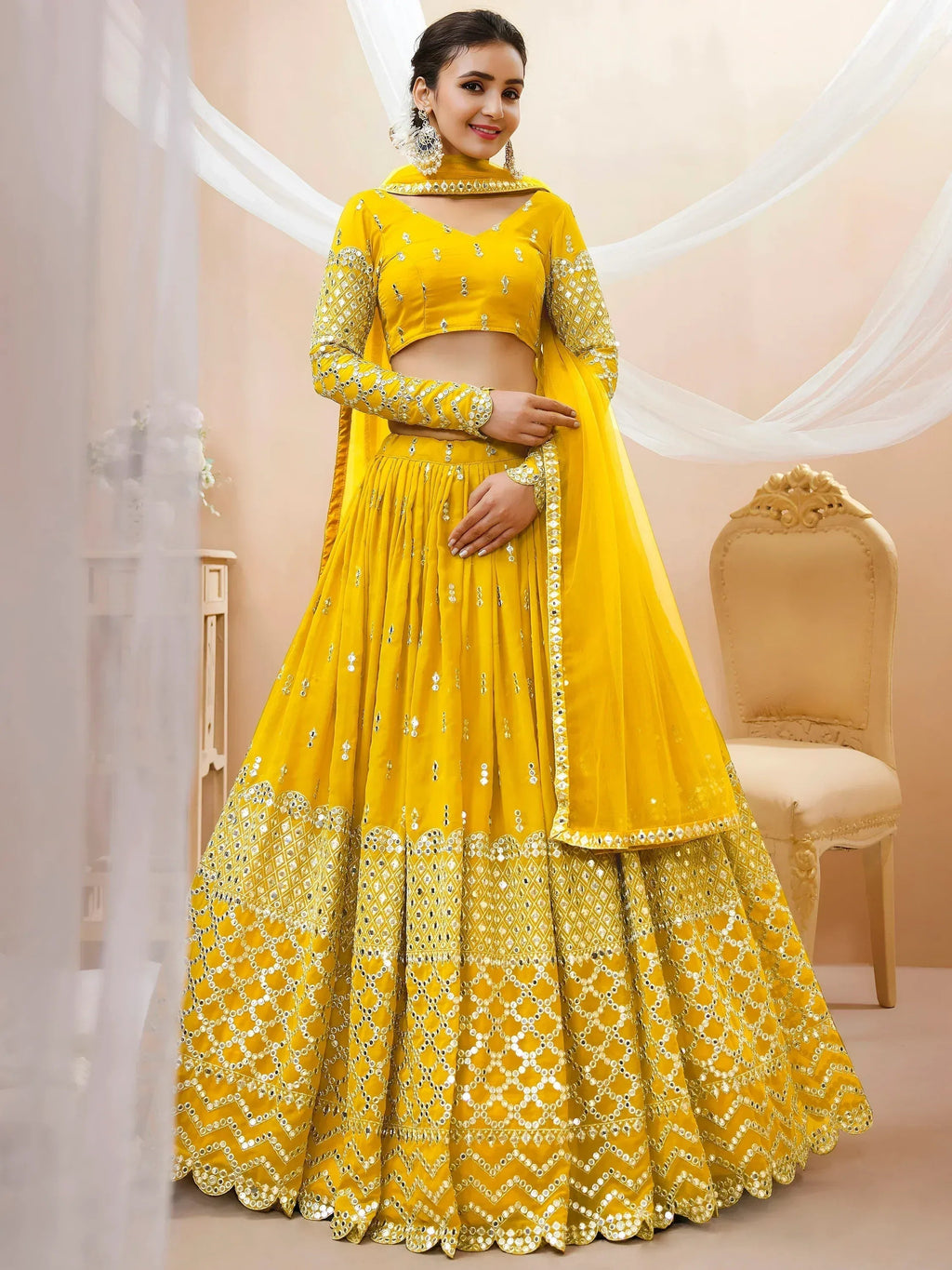 Tulsi Art Beautiful Yellow Zari Embroidered Georgette Haldi Wear Lehenga Choli | Grocsy