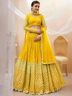Tulsi Art Beautiful Yellow Zari Embroidered Georgette Haldi Wear Lehenga Choli | Grocsy