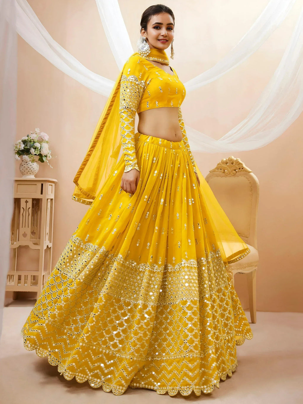 Tulsi Art Beautiful Yellow Zari Embroidered Georgette Haldi Wear Lehenga Choli | Grocsy