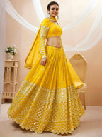 Tulsi Art Beautiful Yellow Zari Embroidered Georgette Haldi Wear Lehenga Choli | Grocsy