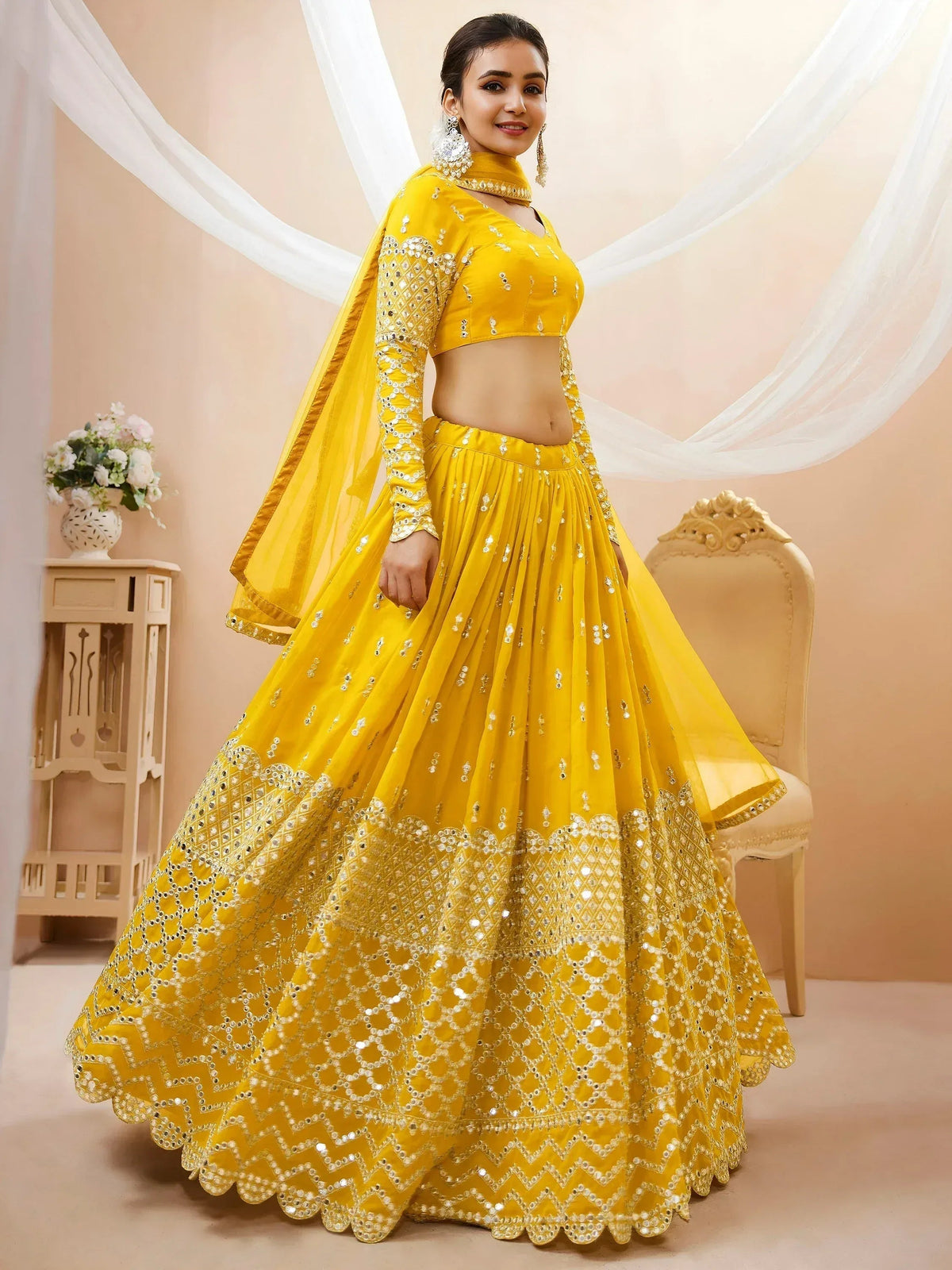 Tulsi Art Beautiful Yellow Zari Embroidered Georgette Haldi Wear Lehenga Choli | Grocsy