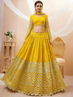 Tulsi Art Beautiful Yellow Zari Embroidered Georgette Haldi Wear Lehenga Choli | Grocsy