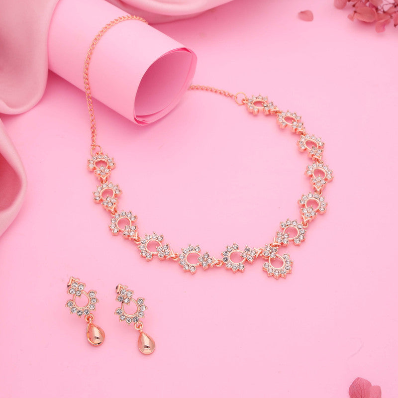 Tehzeeb Creations Gold-Polished White Diamond Necklace With Earrings | Grocsy