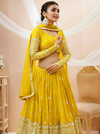Tulsi Art Beautiful Yellow Zari Embroidered Georgette Haldi Wear Lehenga Choli | Grocsy